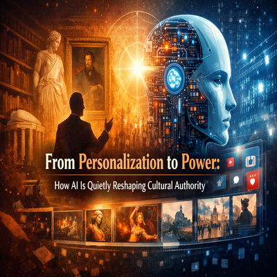 Illustration showing how AI-driven personalization reshapes cultural authority between curators and algorithms.