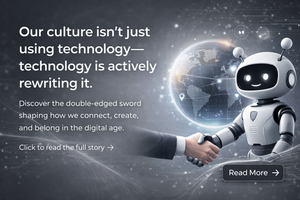 Abstract visual representation of digital technology influencing culture, identity, and human interaction